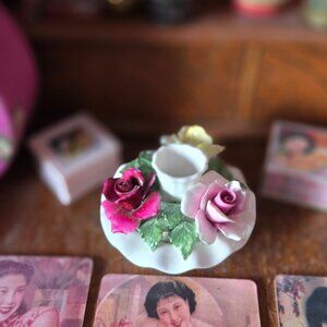 Vintage Rose & White Ruffle Candlestick Holder Garden Party Romantic Cottagecore